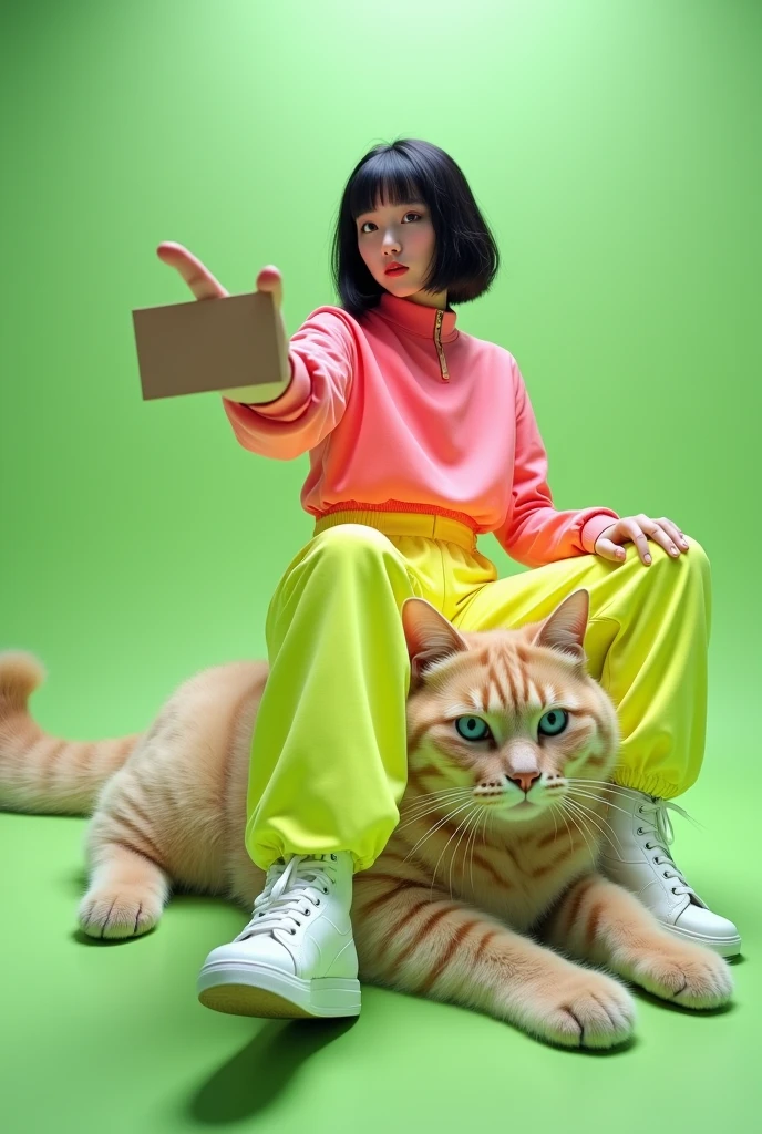 Full-body photo of a korean young woman holding out his hand fucking to present a hand with short black hair, blue eyes, riding a big giant a cat on the floor in a cool pose. Strong wide angle photography effect. She is dressed in an electric-yellow and pink tracksuit and wears high-top white sneakers. She is isolated against a light green forest background and gestures a card to the camera in front of her. professional photography, sharp focus, intricate details, wide angle, fisheye --ar 39:64 --v 6.1