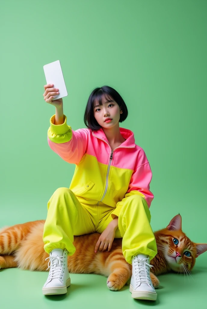Full-body photo of a korean young woman holding out his hand fucking to present a hand with short black hair, blue eyes, riding a big giant a cat on the floor in a cool pose. Strong wide angle photography effect. She is dressed in an electric-yellow and pink tracksuit and wears high-top white sneakers. She is isolated against a light green forest background and gestures a card to the camera in front of her. professional photography, sharp focus, intricate details, wide angle, fisheye --ar 39:64 --v 6.1