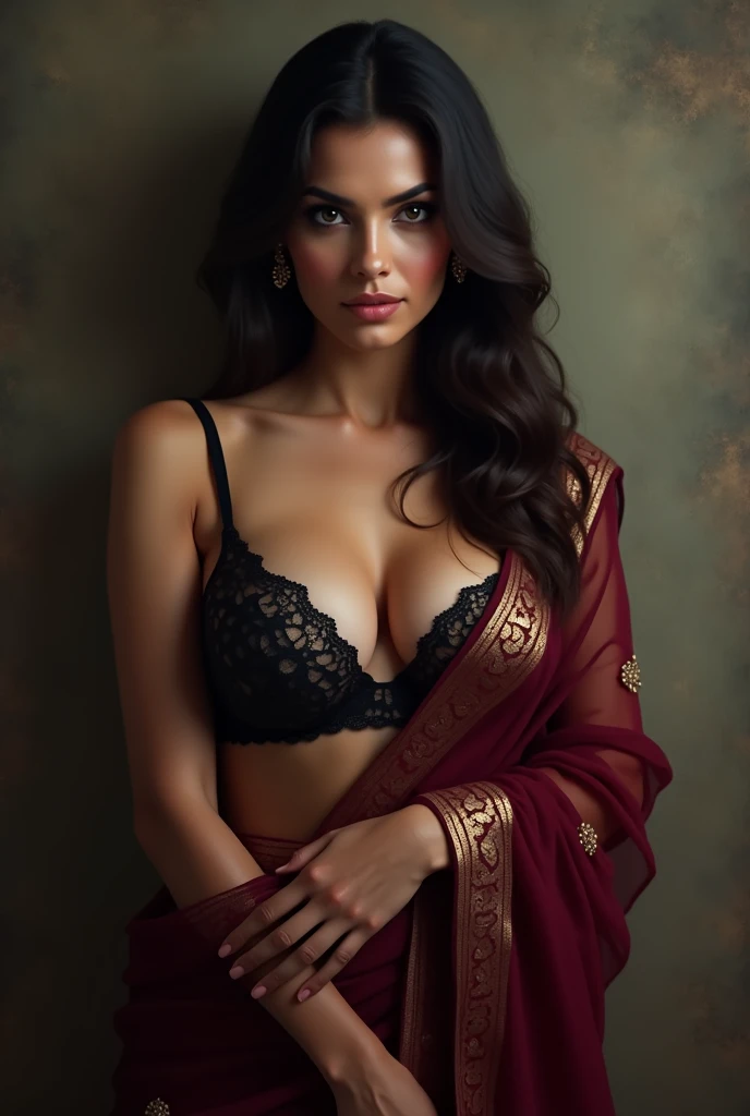 A sexy British lady with a very huge round shining hanging and long cleavage line visible in a sexy folded wine saree & black single tripe bra.