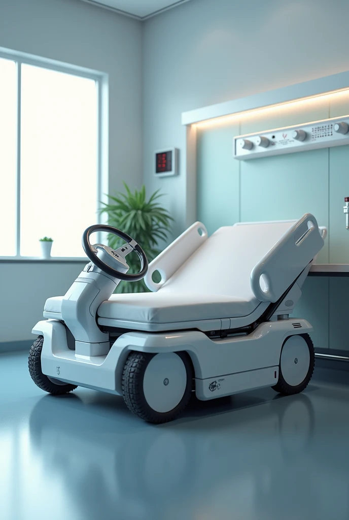 Hospital bed with steering wheel that can drive