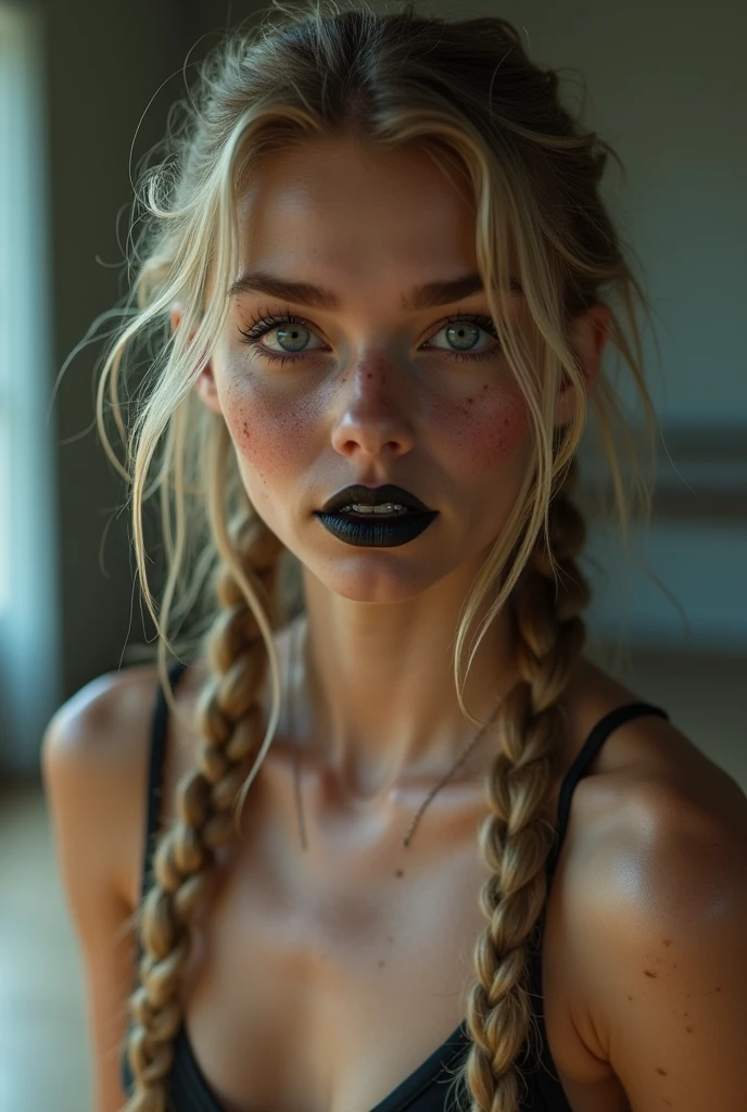 Ein Mädchen 18 Jahre alt lange blonde geflochtene Zöpfe sehr dünn tut naked Ballett, without clothes,flat-chested,small breasts,Make-up smeared,Makeup run,perfect lips, schwarzerLippenstift, braces, freckles,big eyes,blue eyes,sweating, sweats heavily,Wet,Very detailed, best quality, extremely detailed face, perfect lightning, Ballet studio, backdrop, sexly, erotic, unique, 4K, masterpiece, naked