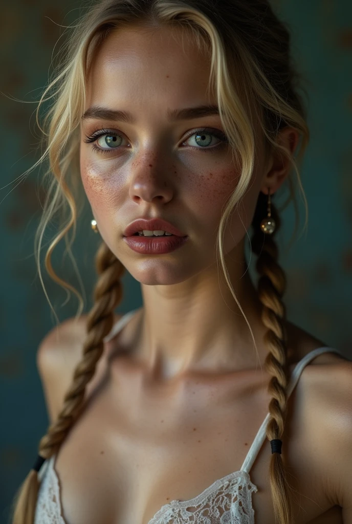 Ein Mädchen 18 Jahre alt lange blonde geflochtene Zöpfe sehr dünn tut naked Ballett, without clothes,flat-chested,small breasts,Make-up smeared,Makeup run,perfect lips, schwarzerLippenstift, braces, freckles,big eyes,blue eyes,sweating, sweats heavily,Wet,Very detailed, best quality, extremely detailed face, perfect lightning, Ballet studio, backdrop, sexly, erotic, unique, 4K, masterpiece, naked