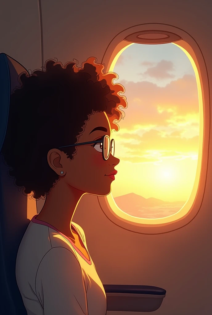 A curly hair, brown girl with glasses sitting in the first row of flight and the window open where golden light was shining on her face