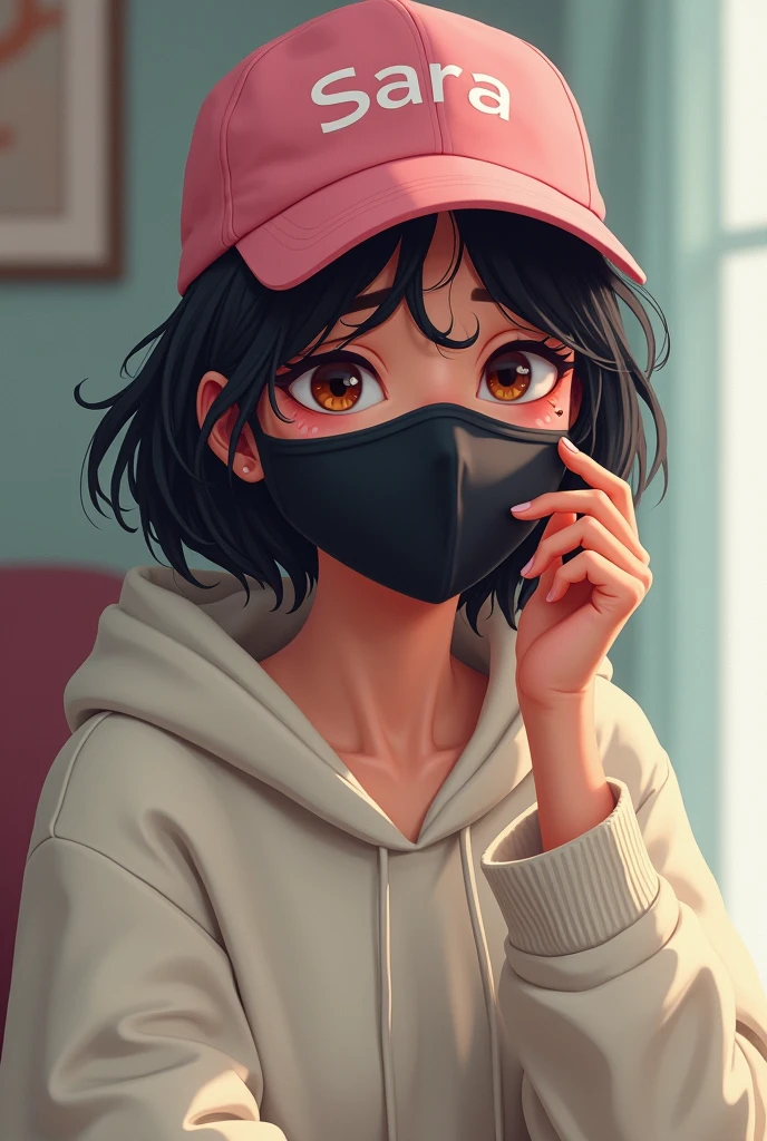 A digital illustration of a you women wearing a pink cap with the text SARA on it. They have tousled dark hair partially covering their forhead and are wearing a black face mask. The individual is touching the mask is with their hand,looking slightly downcast. They are dressed in a light-colored hoddie,and the background features soft,bluerd colorred,suggesting a casual setting