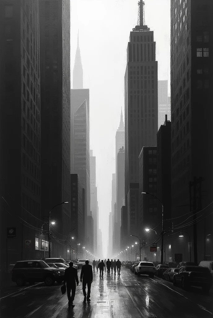 Create a black and white painting of tall buildings depicting the darkness of the city.
