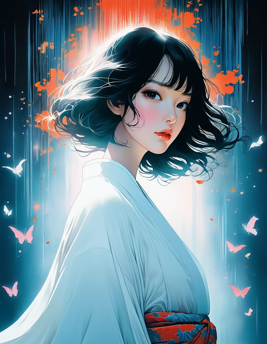 An illustration、art、70s horror movie posters, Inuki Kanako、Attention to detail, Analog Style, chromatic aberration, Surrealism、Complementary Gradient、A woman in a pure white kimono、Spooky atmosphere、White robes