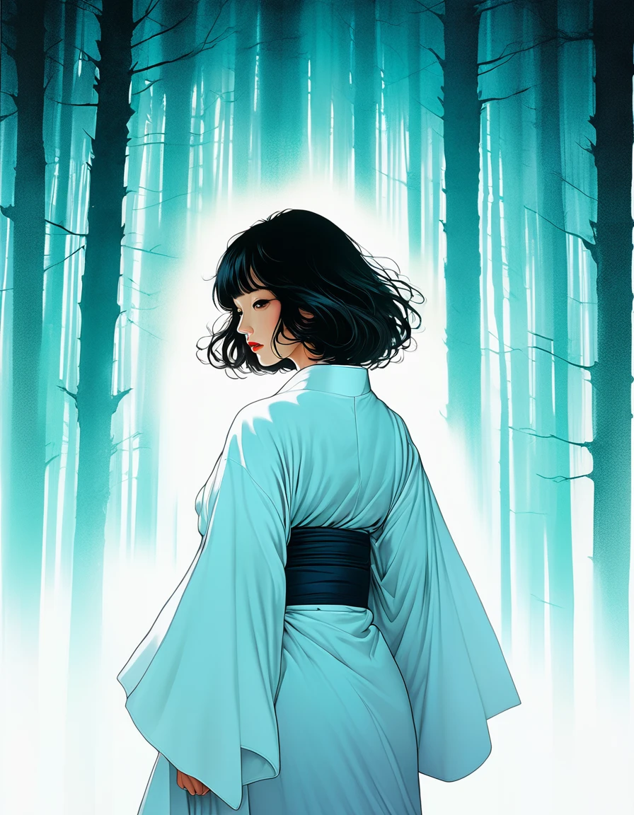 An illustration、art、70s horror movie posters, Inuki Kanako、Attention to detail, Analog Style, chromatic aberration, Surrealism、Complementary Gradient、A woman in a pure white kimono、Spooky atmosphere、White robes