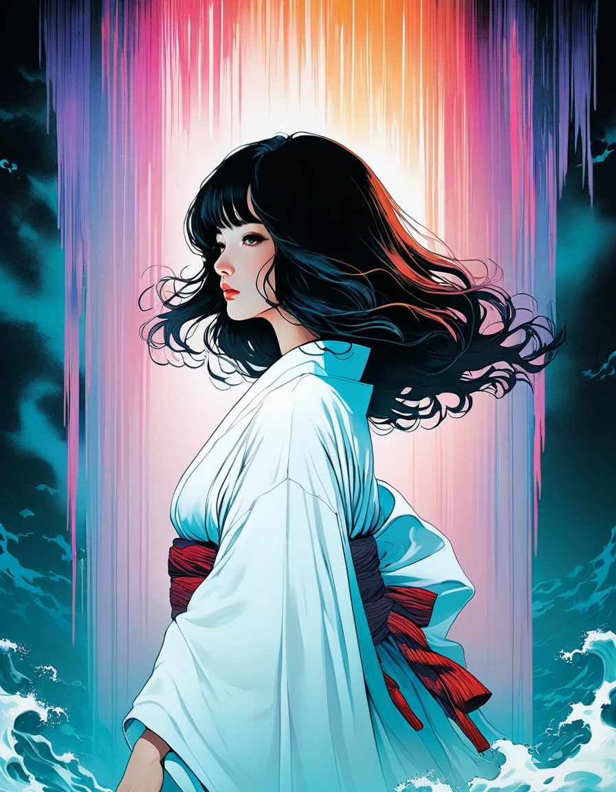 An illustration、art、70s horror movie posters, Inuki Kanako、Attention to detail, Analog Style, chromatic aberration, Surrealism、Complementary Gradient、A woman in a pure white kimono、Spooky atmosphere、White robes