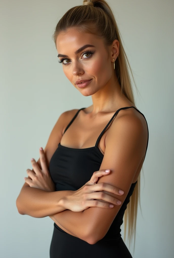 A very realistic and detailed photo of beautiful latina woman,tight black skirt, perfect makeup, long ponytail straight sleek blonde hair, high quality photo 4k, very detailed, perfect fit, looking at the camera, detailed realistic face, detailed brown eyes, confident,
