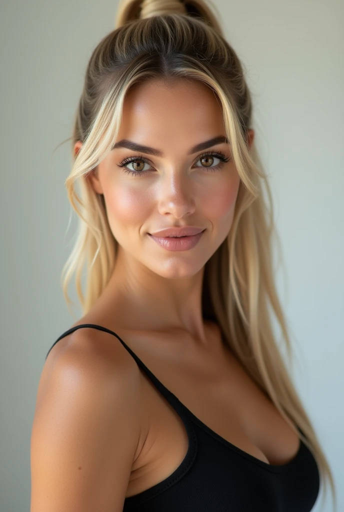 A very realistic and detailed photo of beautiful latina woman,tight black skirt, perfect makeup, long ponytail straight sleek blonde hair, high quality photo 4k, very detailed, perfect fit, looking at the camera, detailed realistic face, detailed brown eyes, confident,