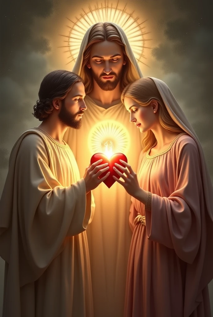 (photorealism:1.2) chaste heart of saint Joseph, sacred heart of Jesus, immaculate heart of Mary, divine mercy