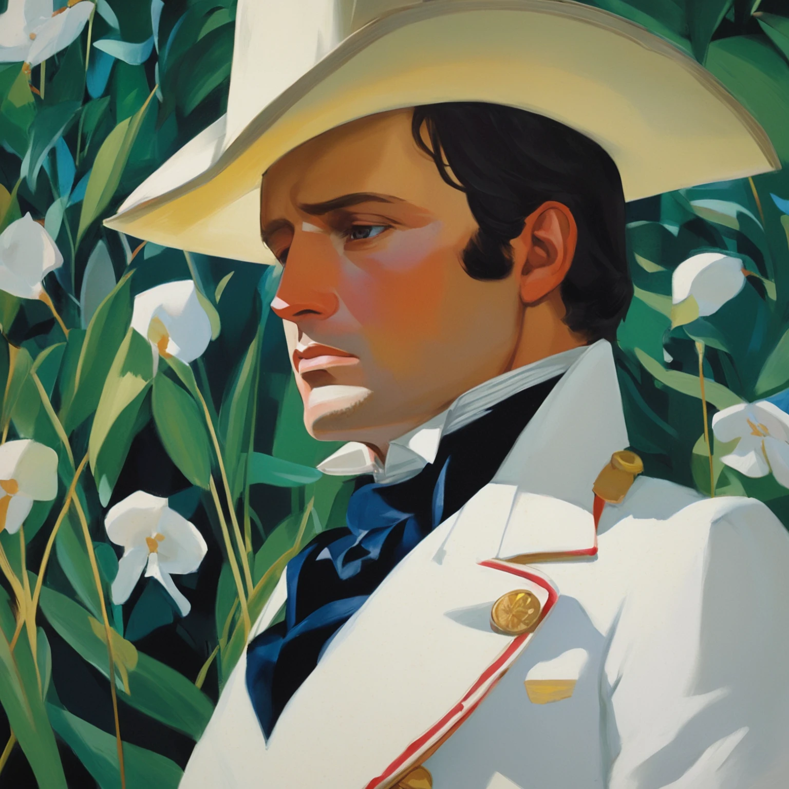 anime painting of a man in a white suit and hat in front of a bush of flowers, anton, otto schmidt, alejandro, portrait of henry cavill, james terrell art, inspired by J. C. Leyendecker, inspired by J.C. Leyendecker, michael, inspired by joseph christian leyendecker, hans, artwork of pedro bell