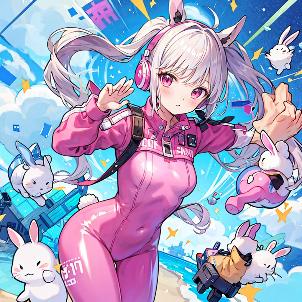 sticker illustration, alice \(nikke\), pink bodysuit animal ear headphones shiny clothes twintails latex bodysuit,bunny pose,cute decoration with bunny items,