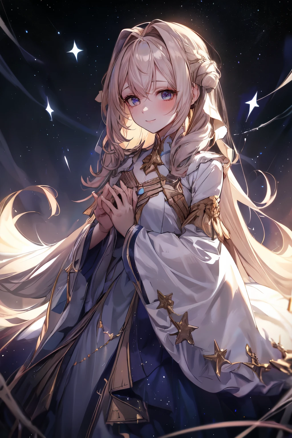 add_detail:1, starlight, stars, holding stars, glowing, space, 🌌, 1girl, young girl, curious expression, long hair,twin sitetail with curl, flowing hair, bangs, colorful detailed eyes