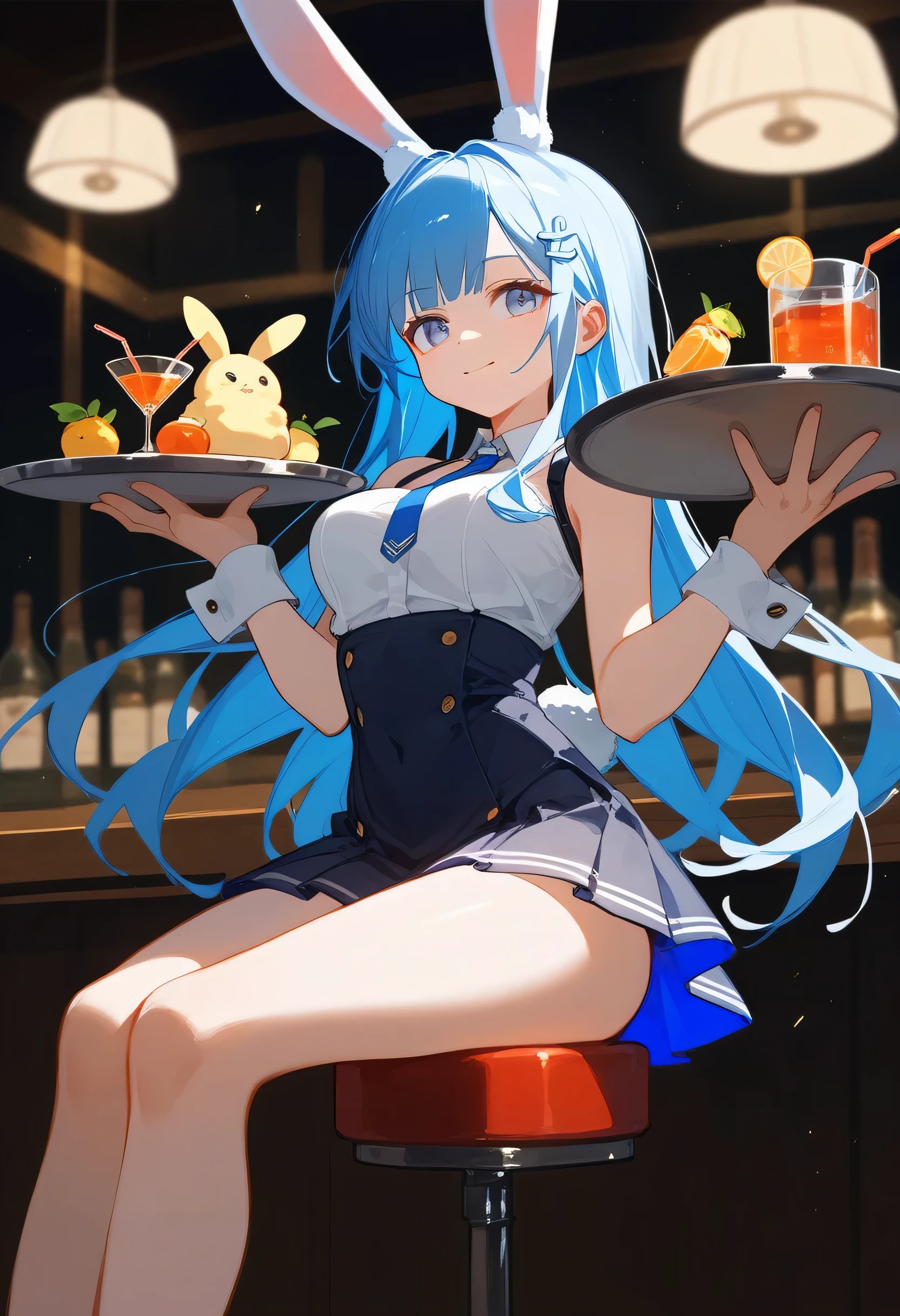 Anime girl sitting on a stool,Holding a tray,Drinks on top, Animation by Kamagurka, pixiv, Concept Art, Azur route style, Attractive anime girl, Zerochan art, I will also draw the fan, Bunny Girl, Those who wear skirts, , In Pixiv, From the Azur Lane video game