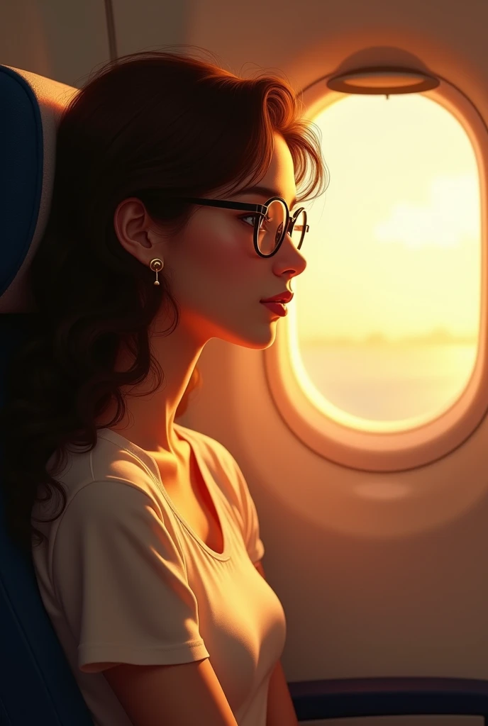 A curly long hair, brown girl with glasses sitting in the first row of flight and the window open where golden light was shining on her face