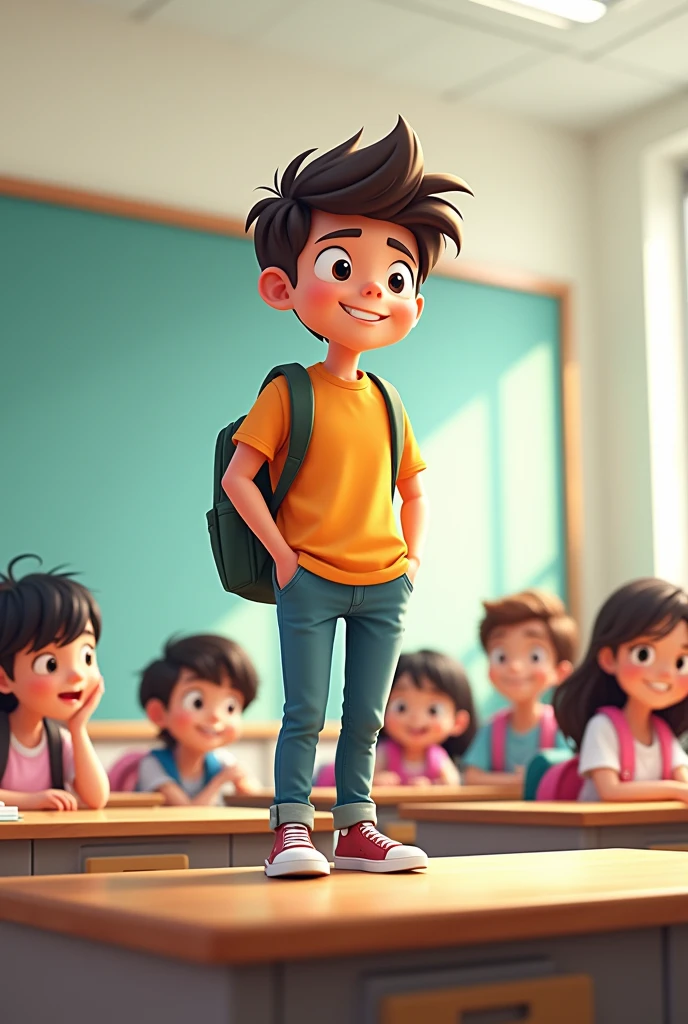 A cartoonist AI image of  another student  who is stand in his table with the background of students