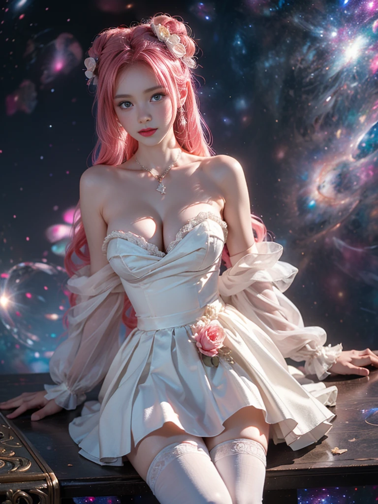 ruanyi0194-2,wedding dress,white thighhighs,hair ornament,white dress ((Large Breasts)),Visible cleavage, Short skirt, 4K Ultra HD, masterpiece, A girl, Exquisite makeup, shy, blush, Delicate eyes, Delicate lips, Flower fairy girl, Neon lights, (Galaxy Background:1.5), in heaven, Sit on a unicorn, Surrealism,8k,Super Detail,Ultra HD,Anatomically correct,best quality