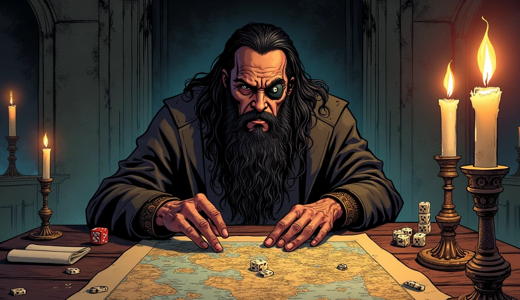 Shakuni ancient king in his private quarters, rolls the bone dice on a table covered with maps and scrolls. His expression is one of satisfaction as he contemplates the chaos he is orchestrating. The shadows cast by the flickering candles create an eerie atmosphere, reflecting the dark plans he is setting in motion in comic style one broken eye wearing eye patch