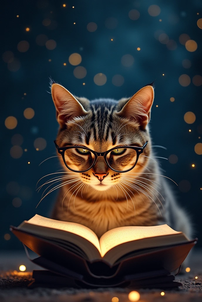A brown cat is reading a book seriously,Wear glasses,宝箱にはHealingの公式が現れる,background,Night Sky、star々,backgroundに宝箱があります,((Astronomical formulas emerge from the book:2))、Healing、healing