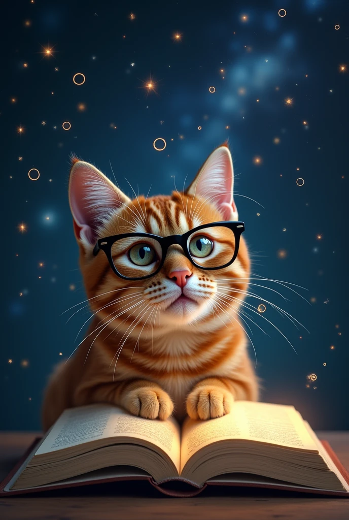 A brown cat is reading a book seriously,Wear glasses,宝箱にはHealingの公式が現れる,background,Night Sky、star々,backgroundに宝箱があります,((Astronomical formulas emerge from the book:2))、Healing、healing