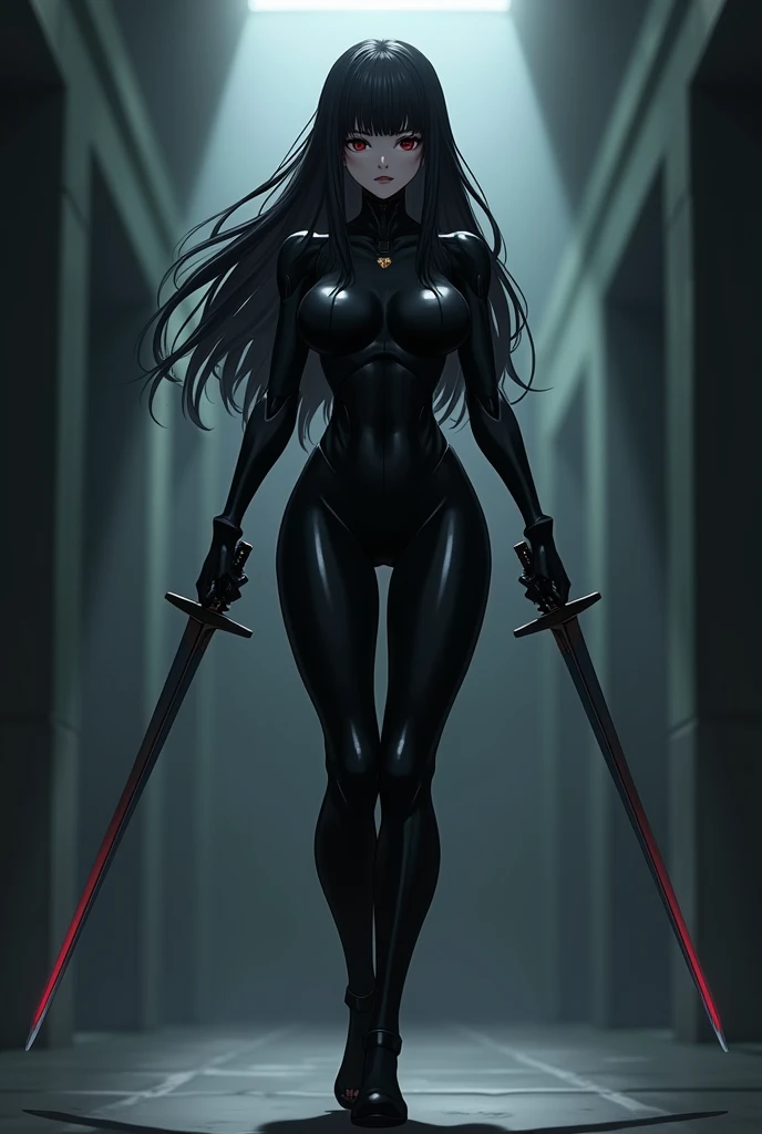 The image is anime style with shadows and dim lights, anime style although somewhat adult and dark, It shows a female android in a black suit., who appears to be 2, has straight black hair, with a face that shows determination, as he walks taking two twin swords in his hands. He has black eyes, She is beautiful and shows a disgusted expression.. Has strong and robust thighs, Her feet are also covered in the suit