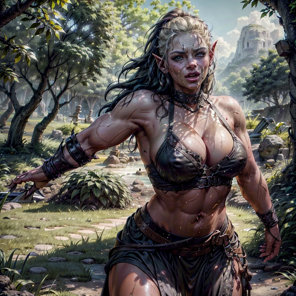 (best quality,4k,8k,highres,masterpiece:1.2),ultra-detailed, 1woman, female orc wielding an ax, in her eyes, BULKY, smiling and laughing while in battle, under bite, Orc Diffusion, HDR, 8k, absurdres, cinestill 800, sharp focus, add_detail:2, (solo, woman)