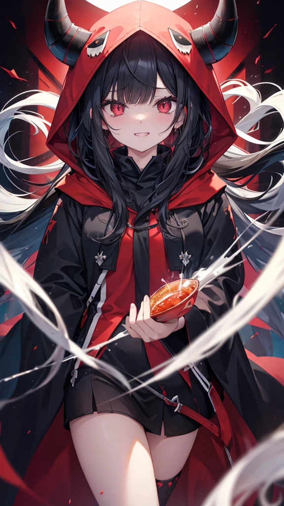One person, bangs, Black Hair, Red eyes, Very long hair, teeth, tooth, saliva, Drooling, Heavy breathing, Cover your mouth with something, saliva糸引き, toothを見せる, A seductive smile, Moaning, Crazy Eyes, Odd Eye, excited, evil, Devil Eye, Overlooking, Character portrait, Horns of the beast, Animal shaped hood, 
