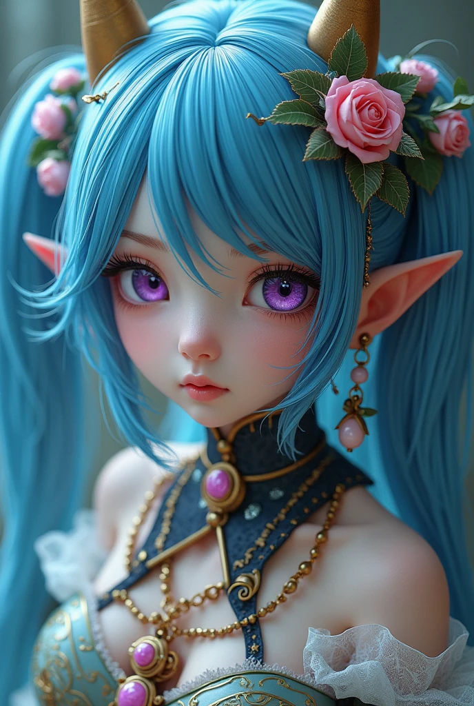 1fille, fringe, blue hair, arch, Bracelet, tir de cow-boy, gown, loops of'ears, fishing nets, hair ornament, hamel, jewels, regarder le spectateur, multcolored hair, neckleace, collants, Parted Lips, yeux violets, red gown, ribbon, rose, Cheveux courts, ssmile, bare, thigh highs, ((bare breasts))