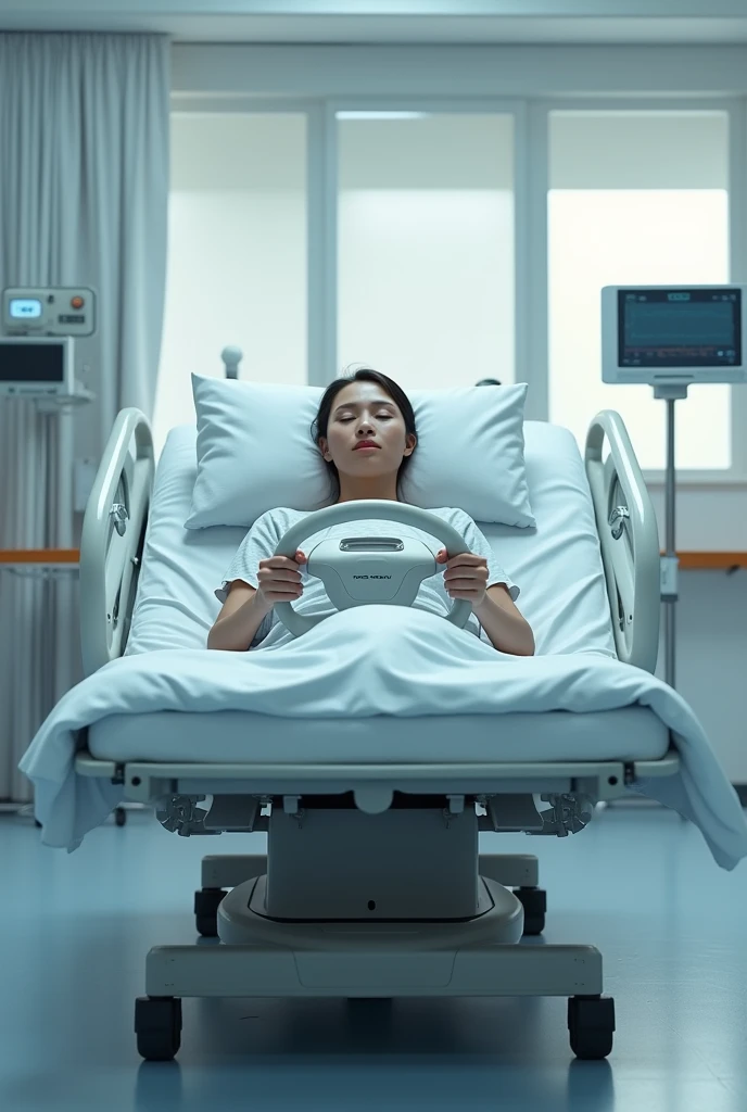 Hospital bed with steering wheel that can be steered lying down