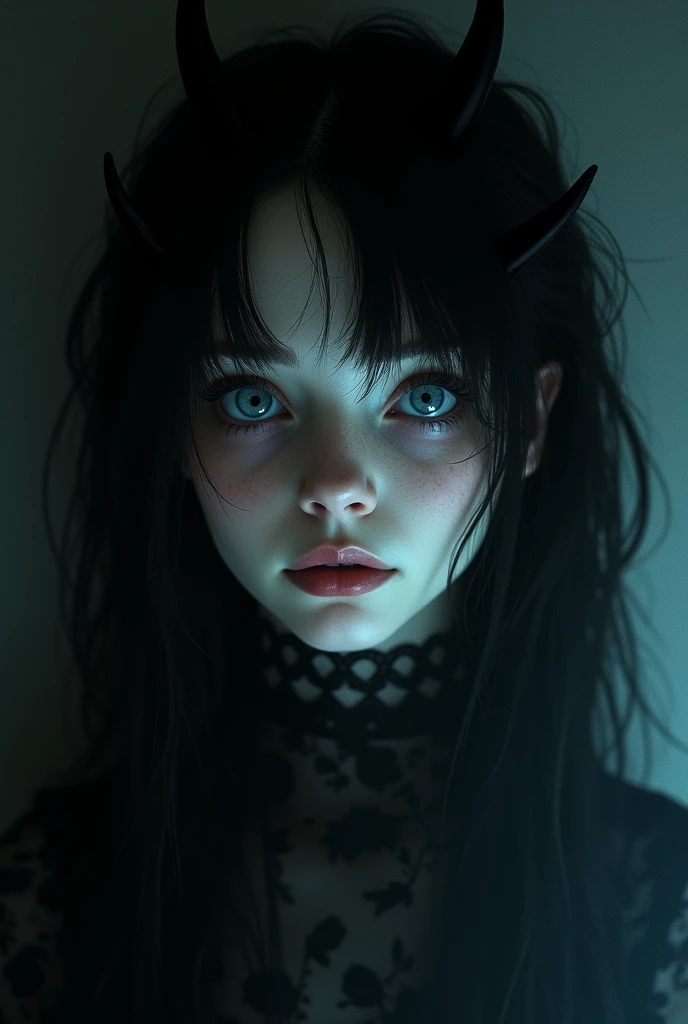 Demonic Girl with black hair fair skin and blue eyes 