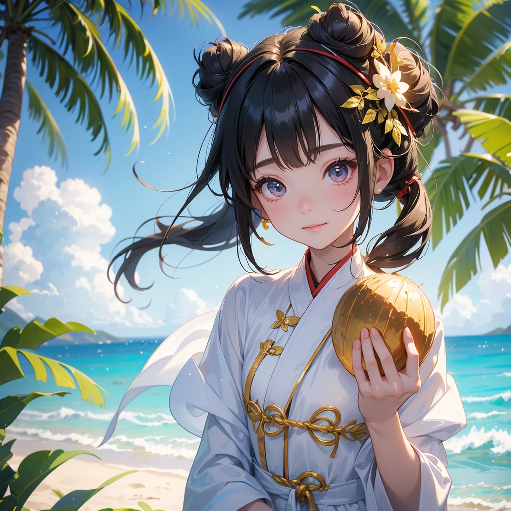 A chibi child girl had a small face and Wearing a white little Taoist priest's outfit. A pair of big round eyes shone with curiosity about him. This child was so cute!, Burning joss paper and gold paper for the departed spirits, her hair is black with two buns on her hair.smiling.The little chibi baby looked up with his chest raised, and his face was old and proud.
Standing holding a coconut, under a coconut tree, on the beach, blue sea, overlooking the sea and green mountains, low clouds