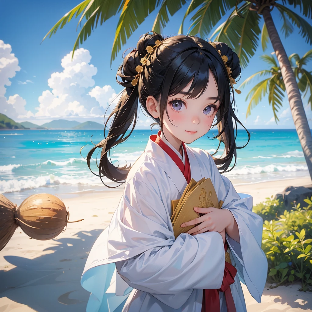 A chibi child girl had a small face and Wearing a white little Taoist priest's outfit. A pair of big round eyes shone with curiosity about him. This child was so cute!, Burning joss paper and gold paper for the departed spirits, her hair is black with two buns on her hair.smiling.The little chibi baby looked up with his chest raised, and his face was old and proud.

Standing holding a coconut, under a coconut tree, on the beach, blue sea, overlooking the sea and green mountains, low clouds
