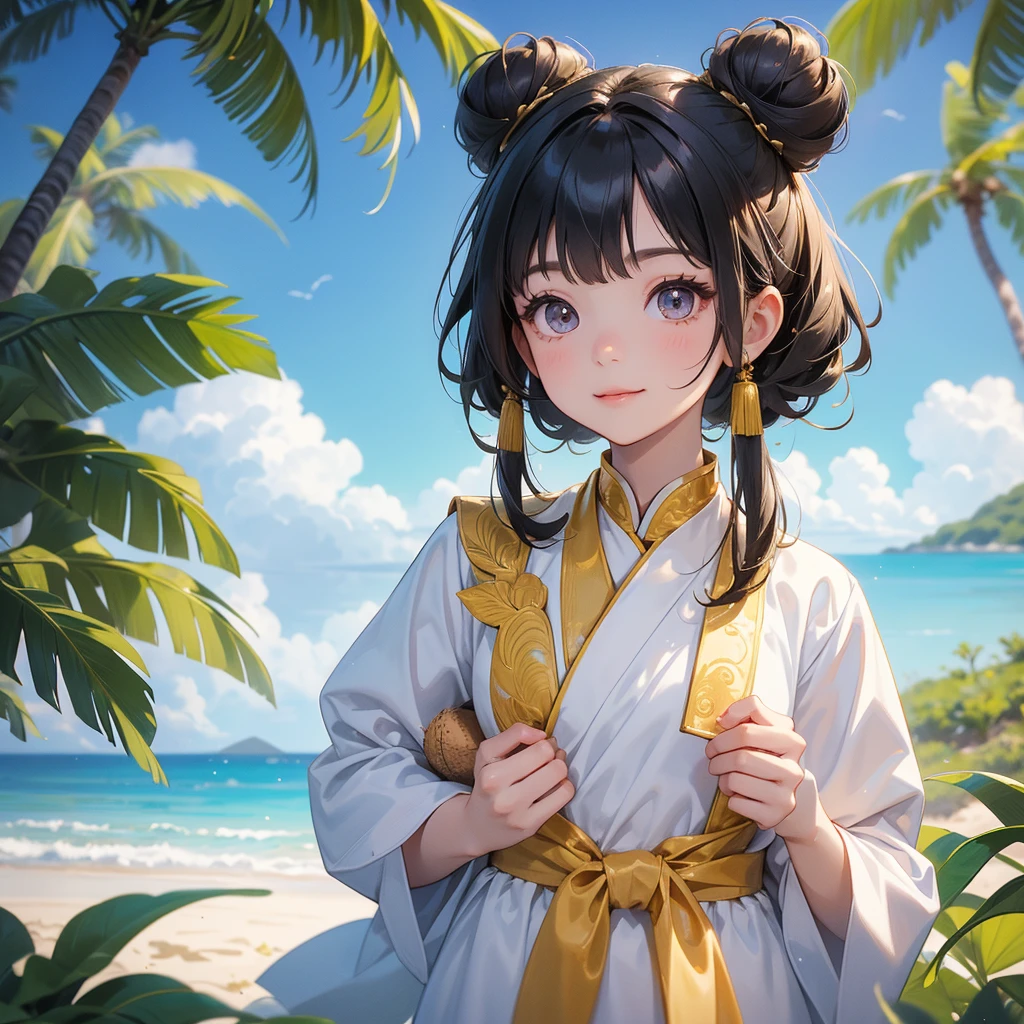 A chibi child girl had a small face and Wearing a white little Taoist priest's outfit. A pair of big round eyes shone with curiosity about him. This child was so cute!, Burning joss paper and gold paper for the departed spirits, her hair is black with two buns on her hair.smiling.The little chibi baby looked up with his chest raised, and his face was old and proud.
Standing holding a coconut, under a coconut tree, on the beach, blue sea, overlooking the sea and green mountains, low clouds