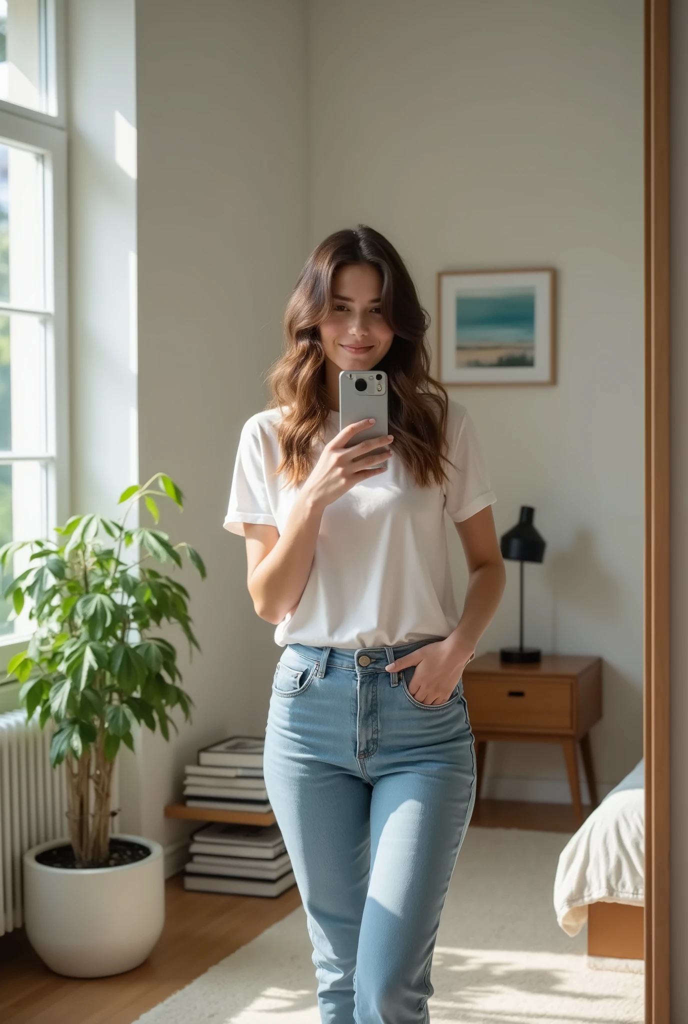 A young Caucasian woman in her twenties with slightly wavy, shoulder-length brown hair is standing in her modern bedroom. She is wearing a casual t-shirt and fitted jeans. She holds her smartphone with one hand in front of her mirror, capturing a photo of herself. His expression is relaxed and slightly smiling. The room is modern with neutral colors, minimalist furniture, and a potted green plant in the corner. There is a large framed mirror against the wall behind her, reflecting part of the room. Natural light enters through a large window to its left, creating a bright and warm atmosphere. Details like stacked books, a soft rug, and a designer lamp add a personal touch to the scene
