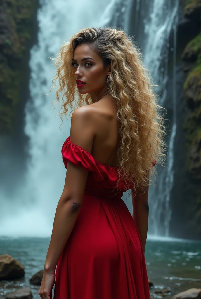 Toffee color skin, beautiful toffee mixed woman 2 with long blond curly hair and extremely detailled clear yellow eyes, whole sexy body, She's walking towards the waterfall, She walks towards the waterfall, she's on her back and doesn't look at the viewer, red bare shoulders dress with long puffy sleeves, red lipstick, beautiful waterfall, net of light,