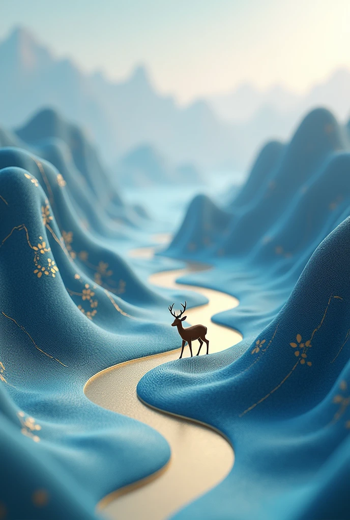 The undulating satin damask features Chinese patterns,Three-dimensional blue mountains,The texture details of the mountains are outlined by gold lines,Miniature,The golden river,Clear and smooth,Satin damask stretches to the horizon,A sika deer walks on it,Vista depth of field,Silk refracts light,Silky Light,Looking up,Miniature Landscape,flow,Large area of white,dream,wonderland,Fine texture,Ray Tracing,Starlight in the picture,Blur at close range,Light refracted by silk,Silky Light,Miniature Landscape,three-dimensional sense,3D Rendering,hyperrealistic details,high resolution,masterpiece