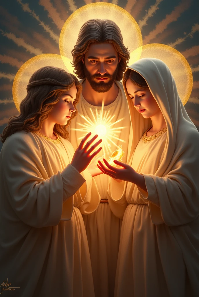 (photorealism:1.2) chaste heart of saint Joseph, sacred heart of Jesus, immaculate heart of Mary, divine mercy
