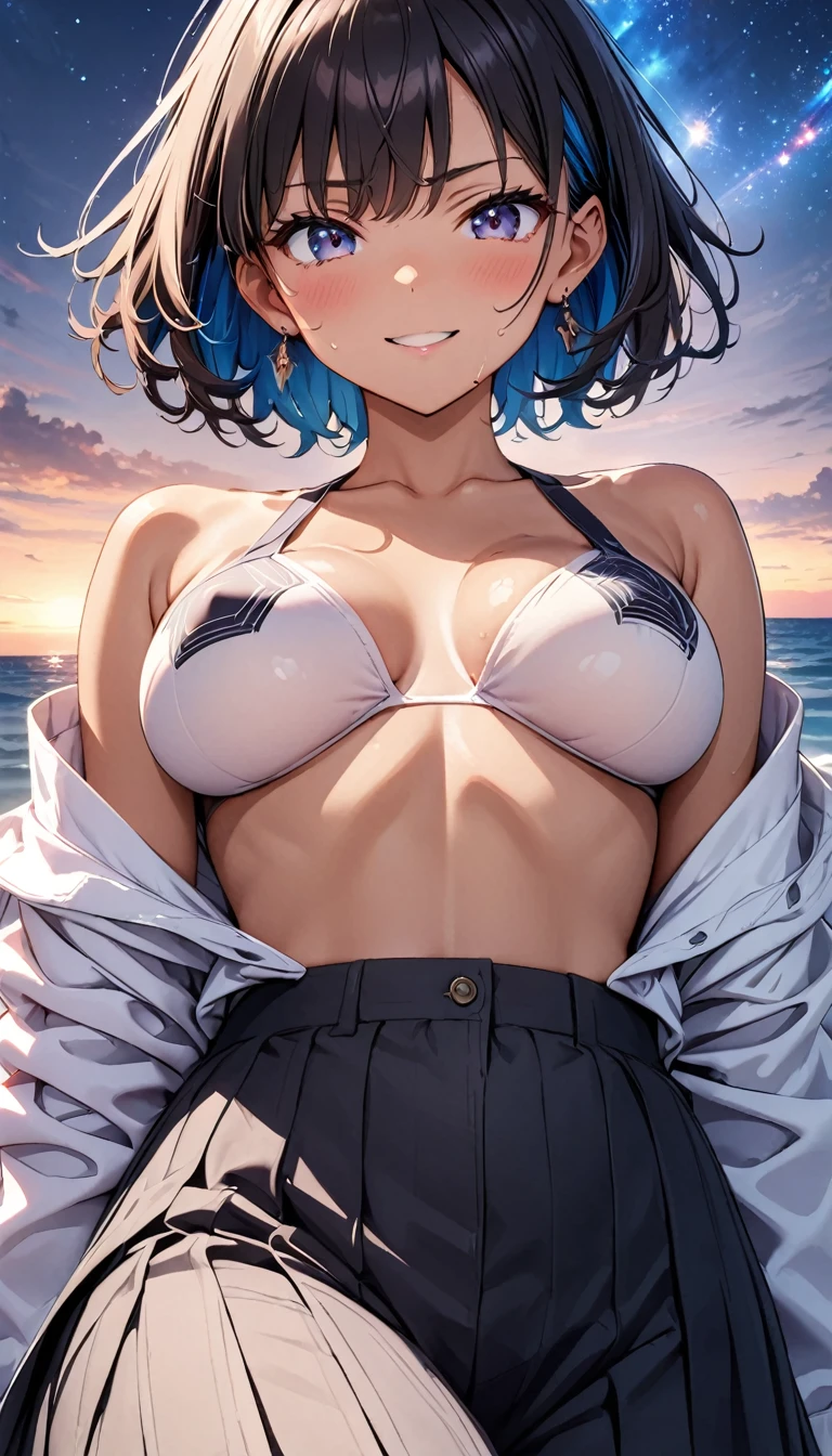 anime illustration, ((((highest quality)))), (((Ultra-precision CG 16K))), (((masterpiece))), BREAK skinny body, slender waist, medium Breasts, (((perky breasts))), ((sagging breasts)), (covered nipples), (((tanned skin, tan lines))) , BREAK (written in detail of face, smiling, blush, determined expression, sweaty , Heavy breathing, embarrassed, ) , (natural make), BREAK narrow eyes, (streaked hair, hair intakes, colored inner hair, ) BREAK (((wearing printed oversized clothing , wearing wide-leg-pants, breasts is covered by outfit, (detailed panty), Narrow aisles,))) , wearing earrings , BREAK ( stick breast out,) BREAK (( ripples , horizon , under the cosmic sky on the cosmic sea , cosmic effects, a girl blended into the background )), (((close-up of face, bust-up shot, looking at viewer, ))), BREAK ((cinematic , from below , ((Distant view, Panorama)), looking at viewer, )) , pinup magazine pose, dancing
