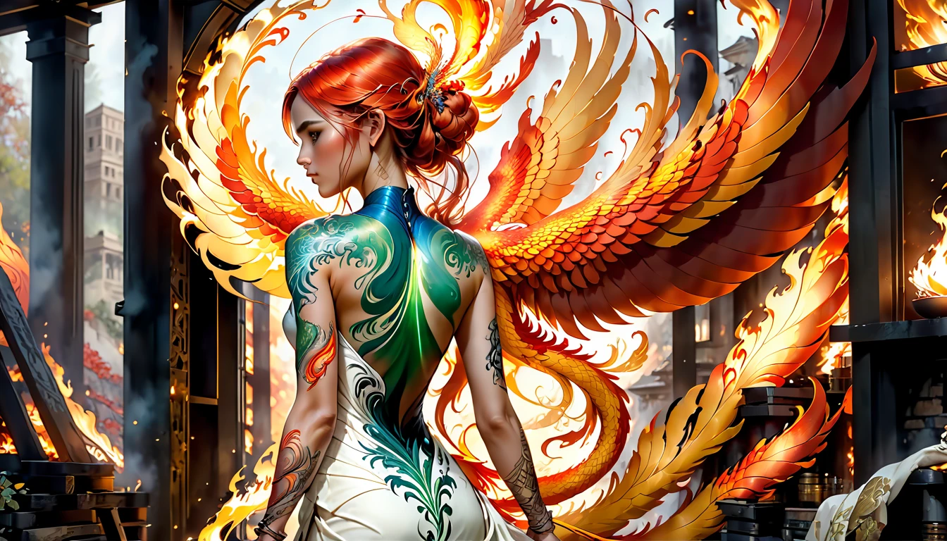 watercolor art, fantasy art, goth art, a picture of a tattoo on the back of a female elf, a glowing tattoo of a ((phoenix: 1.5)) on the elf's back, the ((phoenix tattoo)) is vivid, intricate detailed coming to life from the ink to real life, ((fire surrounds the phoenix: 1.5)), shoot taken from the back, ((the back is visible: 1.3), a most beautiful elf, exquisite beauty, small pointed ears, long hair, she wears a transparent black dress, the dress is elegant, flowing, elven style, that the tattoos glow, dynamic hair color, dynamic hair style, rpg portrait, art by mooncryptowow