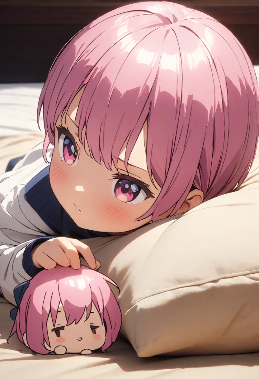 (Highest quality, 4K, 8k, High resolution, masterpiece:1.2), Very detailed, Picturesque, Animated Photography, Photo Animation:1.37)、Japanese schoolgirl、(Pink Hair)、(Pixie Cut)、(chibi:1.4),white shirt、short pants、black cheokr、 on bed、lying down、Full body photography、Nakano ichika