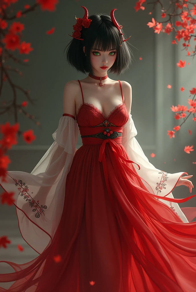 Black Hair。Bob。Straight hair type。Thin red horn。White skin。Green Eyes。Red on the corners of the eyes。Red seductive lips。Beautiful Japanese Women。White sleeves。Bewitching red kimono。Enchanted thighs。Black high heels。