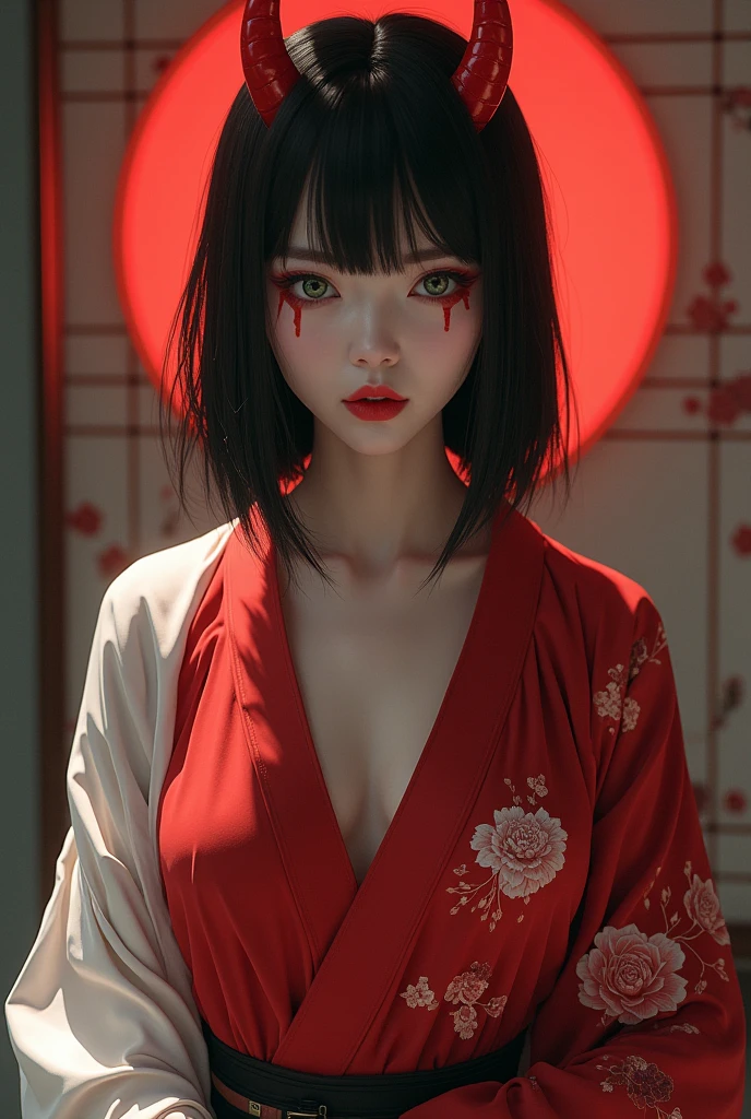 Black Hair。Bob。Straight hair type。Thin red horn。White skin。Green Eyes。Red on the corners of the eyes。Red seductive lips。Beautiful Japanese Women。White sleeves。Bewitching red kimono。Enchanted thighs。Black high heels。