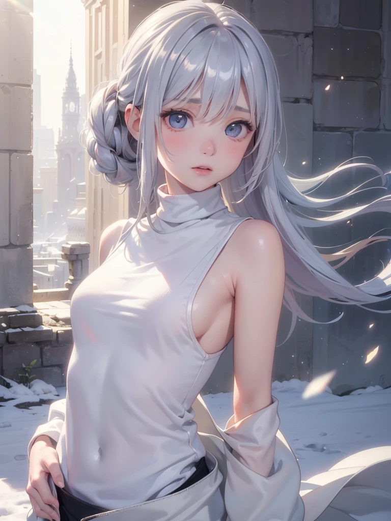 (Upper body portrait:1.5)((masterpiece:1.5、8k、Portraiture、フォトリアリスティックでVery detailedなCG、Very detailed、Particle Effects、Dynamic Effects、Written boundary depth、Cinematic Light、Lens flare、Ray Tracing、Tabletop、Realistic:1.4、Ultra-high resolution:1.2、Realistic、Realistic))((alone、Turtleneck sweater,Sleeveless,Detailed face、bright表情、young, bright, Whiter skin、Small and beautiful breasts、sideboob, Best Looks、Ultimate beauty、Shiny silver hair with highlights、bright and shiny hair,、Modern Hairstyles、Hair dancing in the wind))(morning、The setting is a snowy hill overlooking the ruins.)
