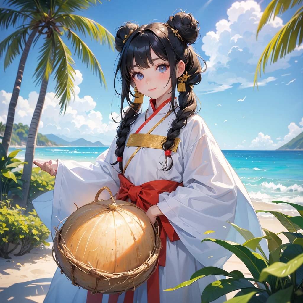 A chibi child girl had a small face and Wearing a white little Taoist priest's outfit. A pair of big round eyes shone with curiosity about him. This child was so cute!, Burning joss paper and gold paper for the departed spirits, her hair is black with two buns on her hair.smiling.The little chibi baby looked up with his chest raised, and his face was old and proud.

Standing holding a coconut, under a coconut tree, on the beach, blue sea, overlooking the sea and green mountains, low clouds
