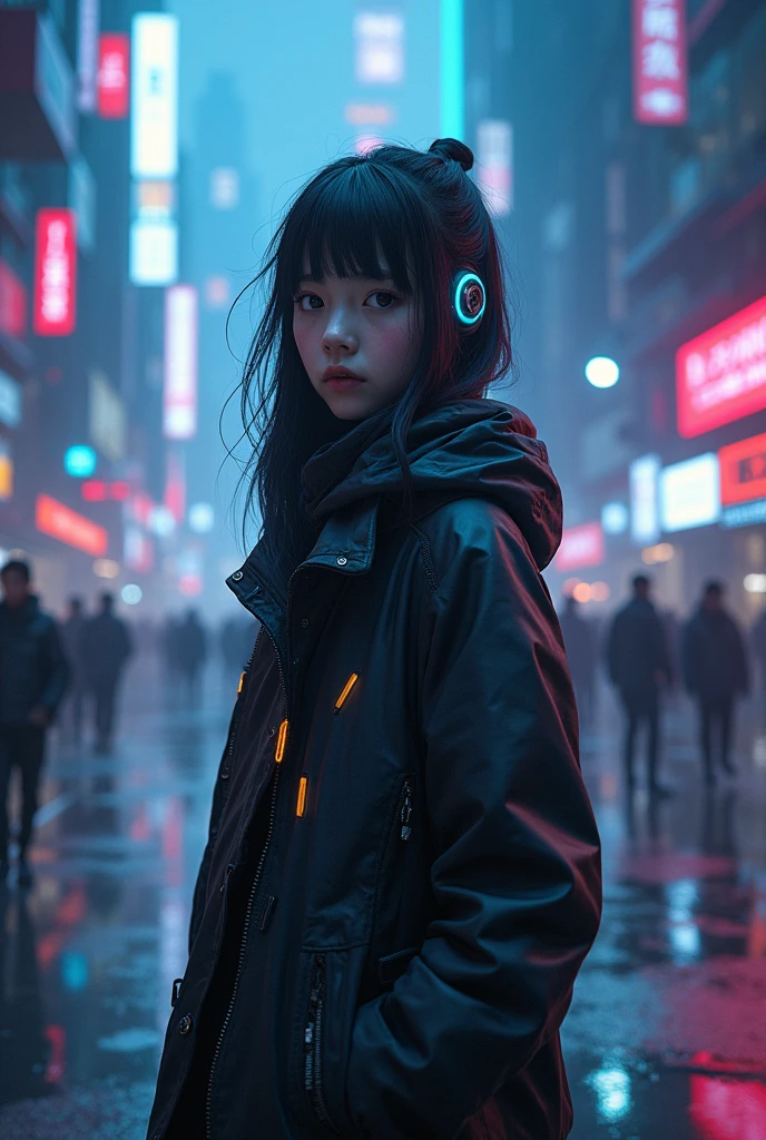 a cyberpunk dystopian city, a young girl with glowing cybernetic implants, neon lights, dark shadows, futuristic architecture, gritty and moody atmosphere, hyper-detailed, cinematic lighting, dramatic pose, intense expression, glowing cybernetic body parts, intricate android/cyborg design, neon-soaked cityscape, moody blue and purple tones, volumetric fog, dramatic chiaroscuro lighting, high-tech details, advanced technology, sense of unease and danger, photorealistic, 8k, hyper-detailed