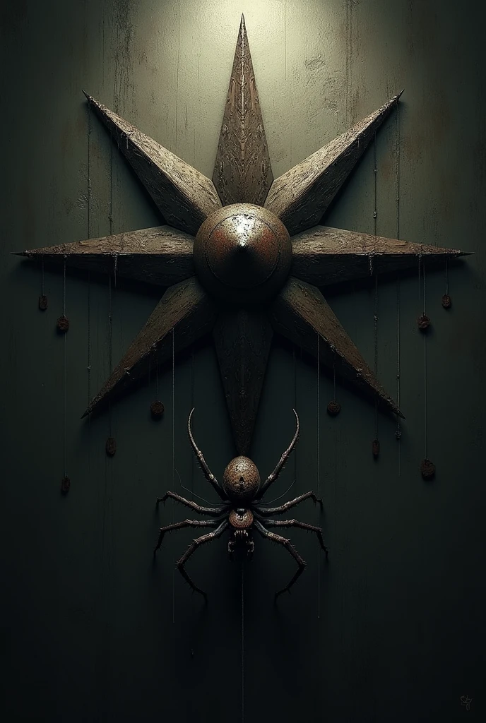 16 cornered "Northern star" with a spider hanging from the bottom, mafia style.