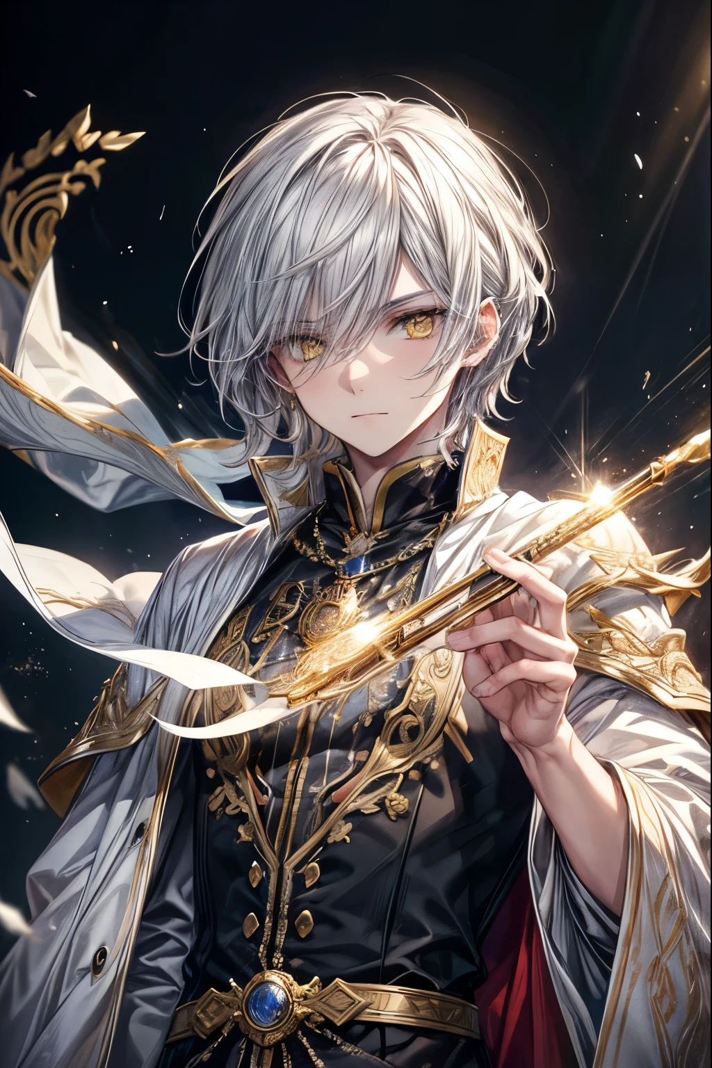 A beautifully detailed and photorealistic portrait of a young male sorcerer or wizard, with striking white hair, piercing yellow eyes, and an intricate, ornate white robe adorned with golden accents. The subject has a perfect, expressive face with masterfully rendered features and an aura of nobility and power. The scene is of the highest quality, with incredible attention to detail and a sense of magic and wonder.
