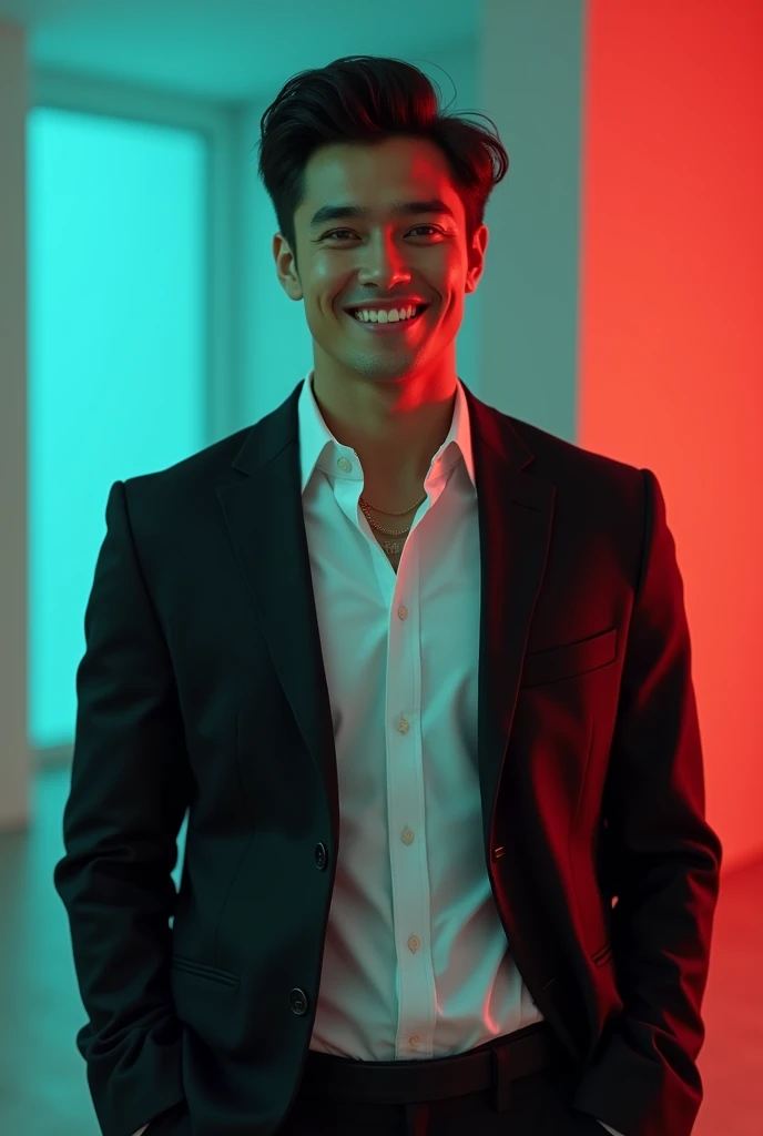 A young Man With Dark hair and a confident smile He is Dressed in a black blazer over a white shirt The man is positioned against aqua colour backdrop with a subtle red l