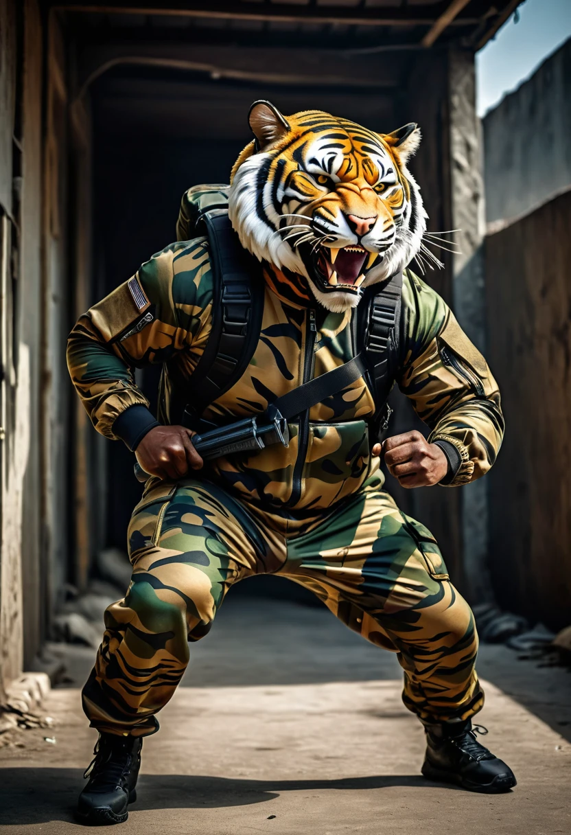 (a dark-skinned fat muscular old man in a skintight army camouflage zipper diver suit) carrying an AK-47, (wearing a small-sized realistic roaring tiger mask), dynamic action pose, fierce expression, showcasing an imposing stature, surrounded by military elements, dramatic shadows and intense highlights, cinematic color tones, high detail, powerful, art influenced by Bruce Onobrakpeya and Stanley Artgerm, ultra-detailed, best quality image, action-packed atmosphere. fighting pose
